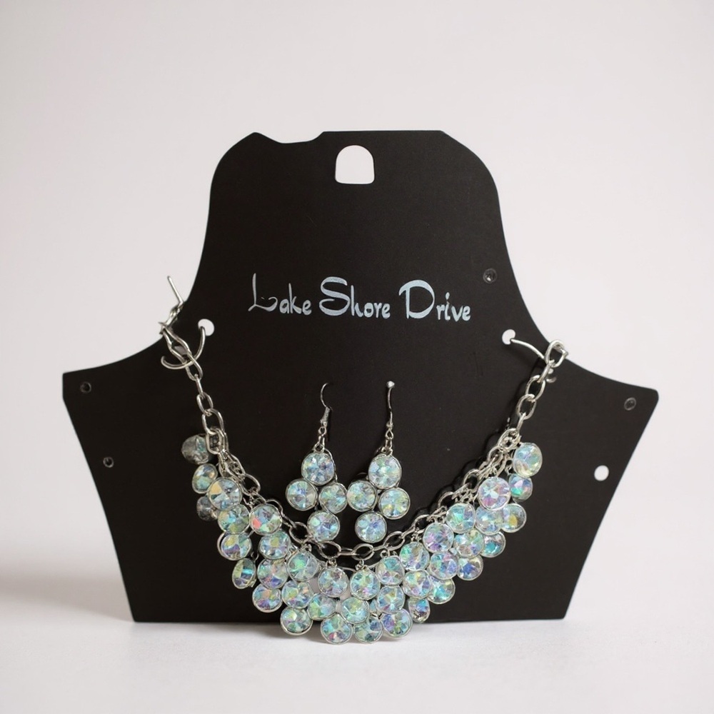 Elegant Silver and Iridescent Statement Earrings And Necklace